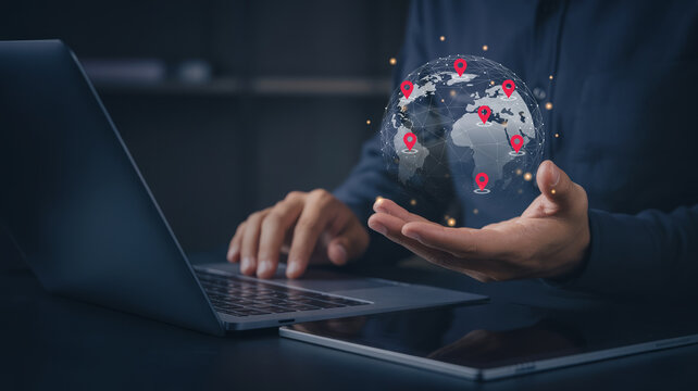 Businessman holding digital globe with red location pins for global network connection. Logistics, supply chain, and international business expansion concept. World map and global positioning system.