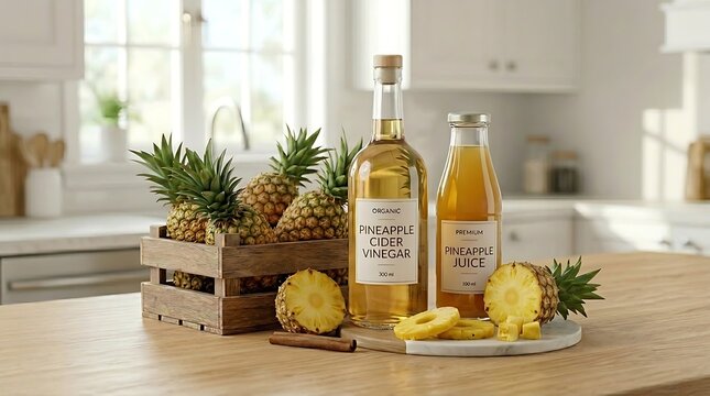 Minuman cuka dan jus nanas organik dalam botol kaca berpadu dengan buah tropis segar melambangkan kesegaran eksotis dan kebugaran pencernaan