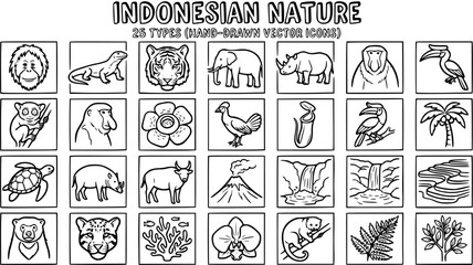 Indonesian Nature Vector Icons: Hand-drawn Outline Illustrations of Flora and Fauna in Black and White © pixsource