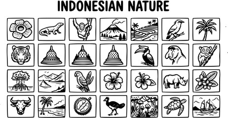 Indonesian Nature Icons - Black and White Line Art Collection of Flora, Fauna, and Landscapes © pixsource