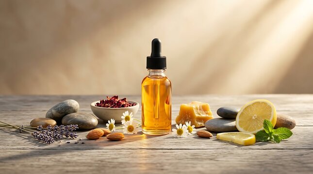 Botol kaca minyak esensial dikelilingi bunga kamomil lemon dan kacang almond melambangkan harmoni penyembuhan aromaterapi dan perawatan kesehatan holistik