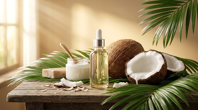 Berbagai produk kecantikan dari ekstrak minyak kelapa organik dan krim pelembap yang ditata elegan melambangkan rutinitas perawatan tubuh alami menyeluruh