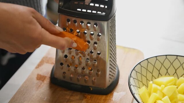 Hand grating orange carrot over wooden cutting board with bowl of chopped potatoes in bright kitchen