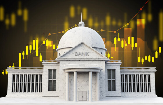 Bank building with with stock graph. Business and finance. Banking and investment concept