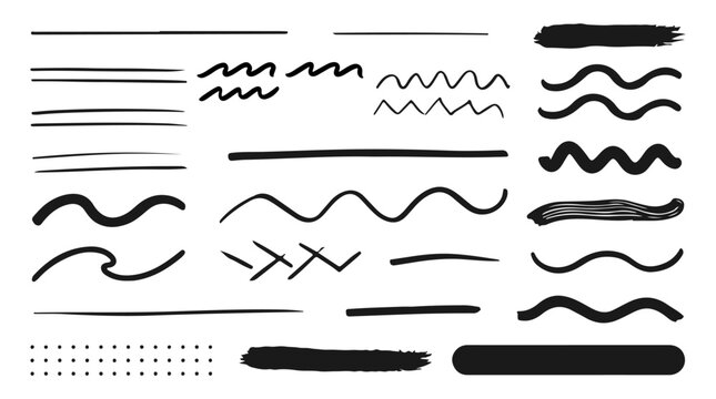 Marker and brush stroke set, hand-drawn underline and squiggle lines, artistic doodle elements for creative graphic design