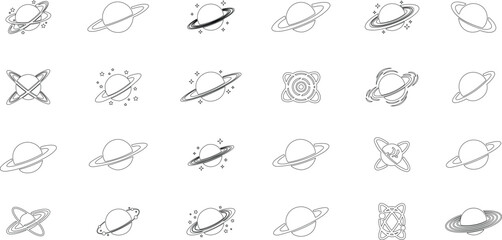 Saturn planet, ringed world and galaxy icon set collection group in line style vector, space, cosmic, astronomy, orbit, universe symbols bundle © AbdulJabbar