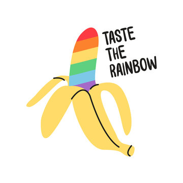 Retro peeled banana with rainbow flag and Taste the Rainbow slogan isolated on white. Groovy 90s aesthetic pop art illustration for LGBTQ pride month celebration, queer humor, social media stickers.