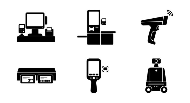 Retail Technology Icons: POS System, Self-Checkout, Scanner, Robot, Payment Terminal, Handheld Device