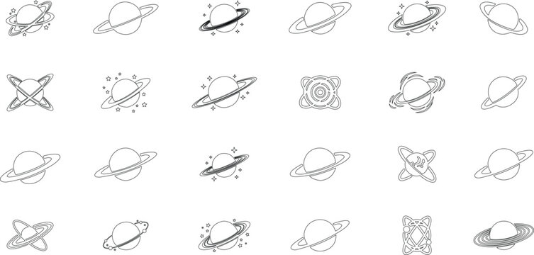 Saturn planet, ringed world and galaxy icon set collection group in line style vector, space, cosmic, astronomy, orbit, universe symbols bundle