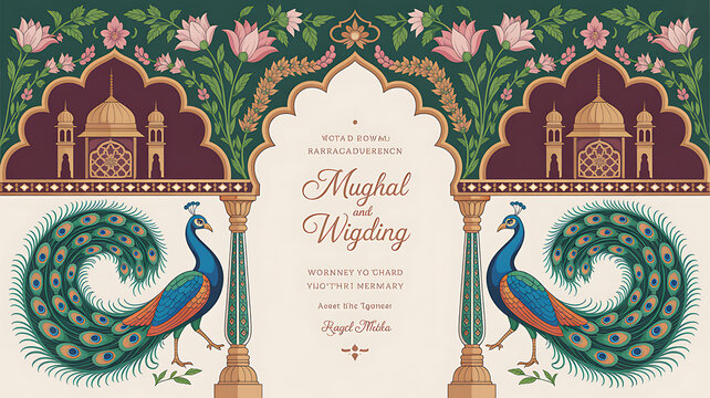 Traditional Indian mughal arch invitation card design with peacocks, tropical trees, palace, bird, hanging flowers, fence, designed floor and stair. vector illustration