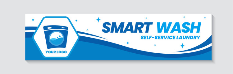 Modern smart wash self service laundry blue banner template for shop storefront signage. © moreklai