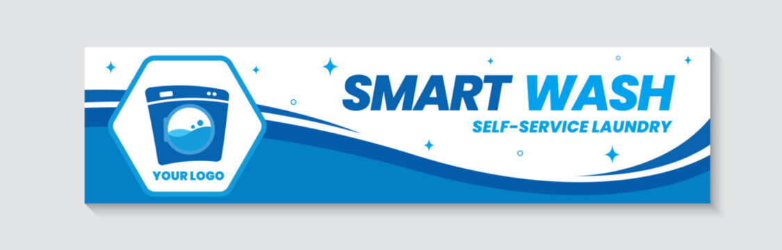 Modern smart wash self service laundry blue banner template for shop storefront signage.