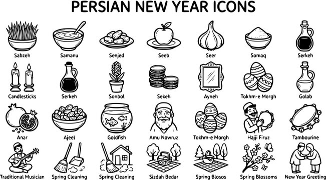Persian New Year Nowruz Celebration Icons Set - Traditional Spring Holiday Symbols in Black and White Line Art Style
