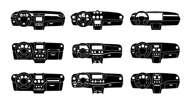 Car Dashboard Icons Set, Vehicle Control Panel Vector Graphics, Automotive Interior Elements Collection, Modern Auto Design