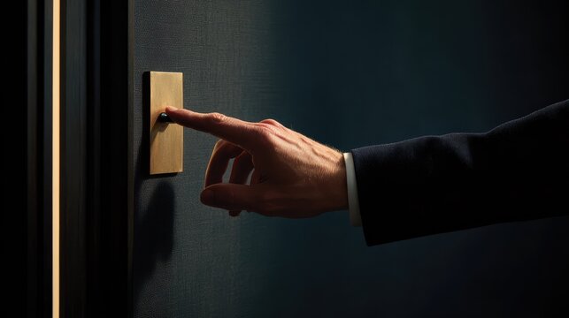 A male hand in a formal suit jacket pressing an elegant golden doorbell button next to a dimly lit door, suggesting a mysterious or important visit in a modern or luxury setting.