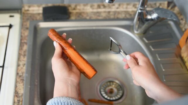 Kitchen countertop task peeling fresh carrot with vegetable peeler over metal sink