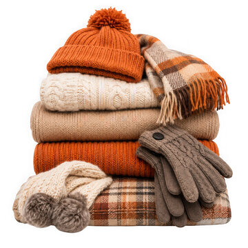 Stack of warm knitted winter clothes isolated on transparent background