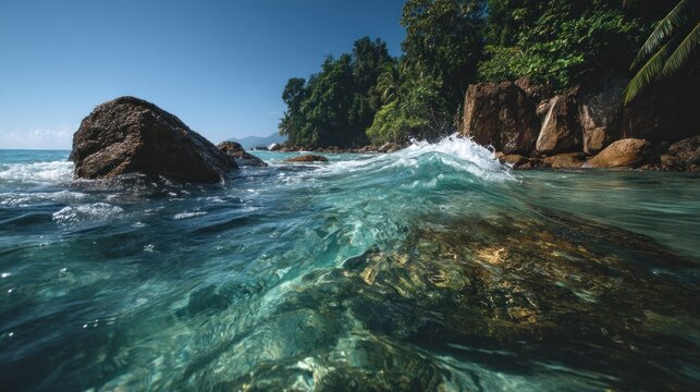 Crystal sea laps rocky shore with lush trees under a blue sky