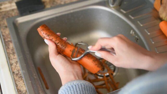 Fresh carrot peeling process with vegetable peeler over kitchen sink in natural light
