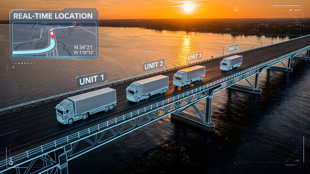 Fleet of Trucks on Bridge With GPS Tracking