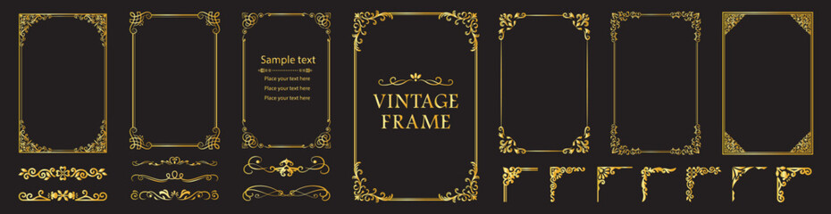 Plakat Luxury golden vintage frame set with decorative borders, elegant flourishes and ornamental corner accents. Refined vector collection for invitations, certificates, premium branding, packaging, menus, 