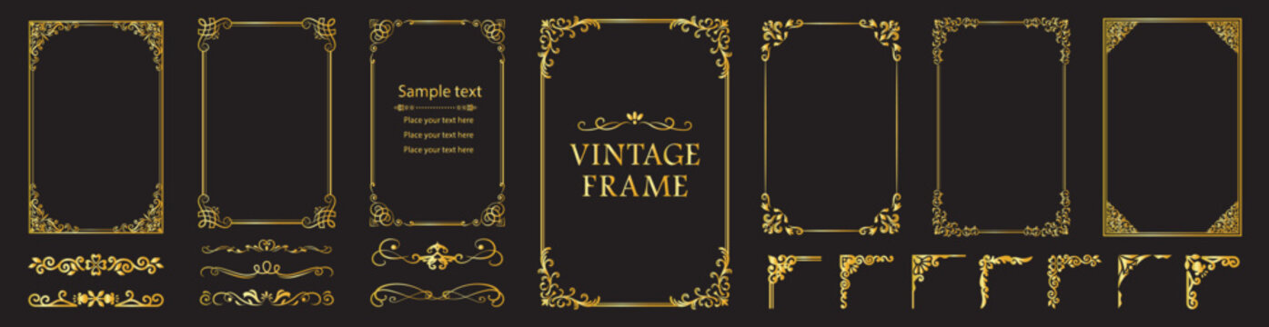 Luxury golden vintage frame set with decorative borders, elegant flourishes and ornamental corner accents. Refined vector collection for invitations, certificates, premium branding, packaging, menus, 