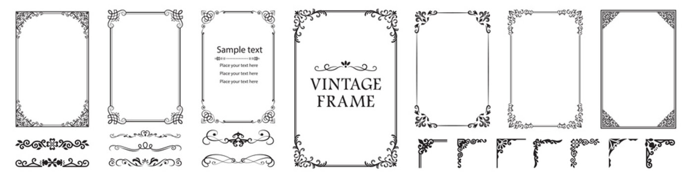 Vintage ornamental frame collection featuring elegant borders, decorative corner elements and classic flourishes. Premium vector set for invitations, certificates, branding, editorial layouts, menus, 
