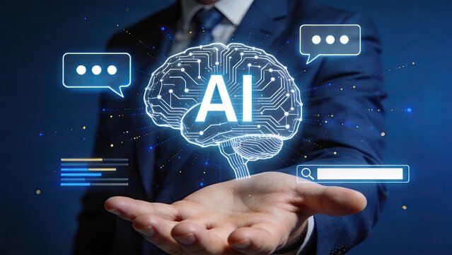 Artificial intelligence brain circuit board hologram hand, machine learning neural network deep learning algorithm data processing concept, futuristic chat bot search bar speech