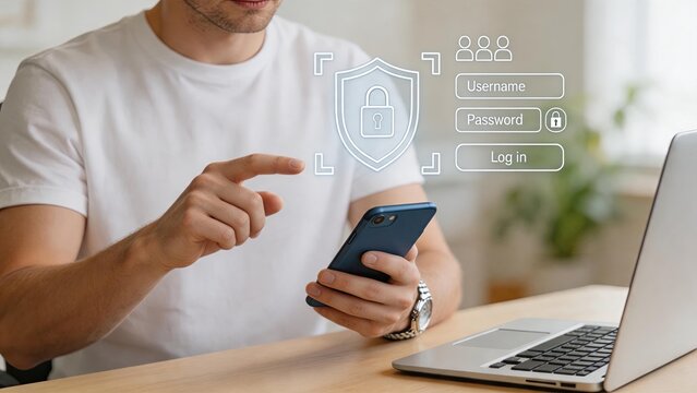 Man using smartphone digital security login authentication, cyber protection shield icon, online account access with username password fields on mobile device for safe internet