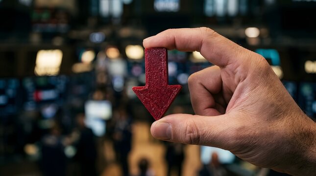 Human hand holds a red arrow pointing down against blurry trading floor.
