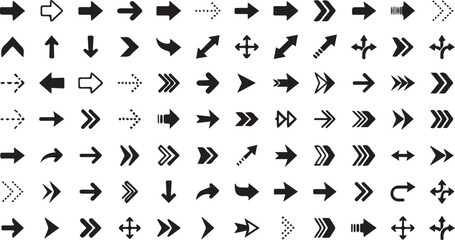 Obraz premium Collection of sleek, monochromatic arrow icons arranged in a structured grid, showcasing diverse directional and stylistic variations.