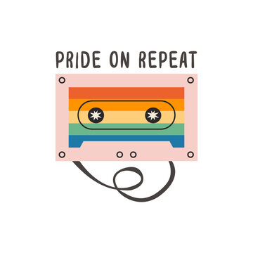 Retro cassette tape illustration with rainbow flag colors and slogan isolated on white. 80s 90s aesthetic vintage music graphic for LGBTQ pride month celebration, queer nostalgic social media stickers