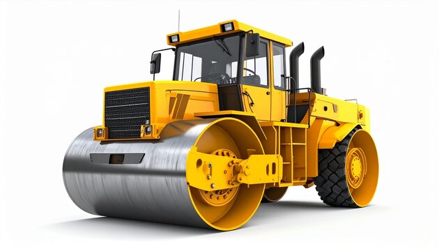 Yellow steamroller on a white background, industrial heavy machinery for road construction