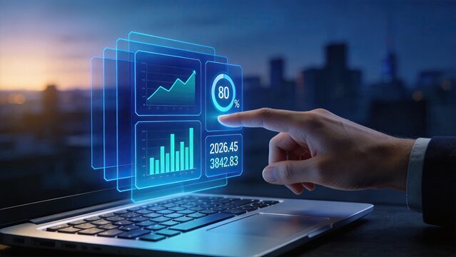 Hand touching futuristic holographic data charts on laptop screen, analyzing financial graphs and statistics with glowing blue interface, business analytics and future technology