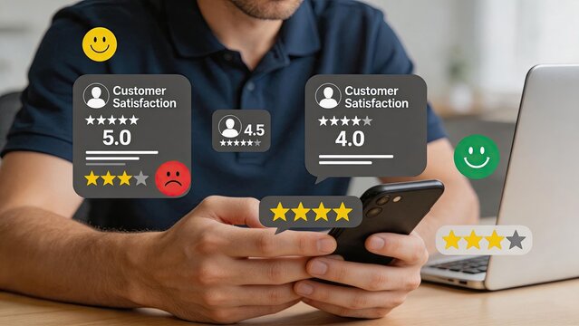 Customer satisfaction rating reviews displayed on mobile phone screen, showing star scores and feedback icons, user experience and service quality assessment concept for digital