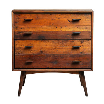 Vintage wooden dresser with drawers, mid-century style chest of drawers, rustic brown storage furniture for home decor isolated on Transparent Background