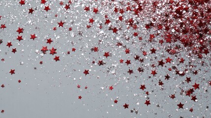 Obraz premium Red glitter sparkles and shimmering star shapes scattered on a soft light gray background creating elegant festive abstract texture for celebration design greeting cards holiday themes and luxury deco