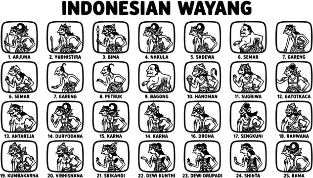 Indonesian Wayang Shadow Puppets Characters Set - Black and White Line Art Graphic Illustration of Traditional Culture and Mythology