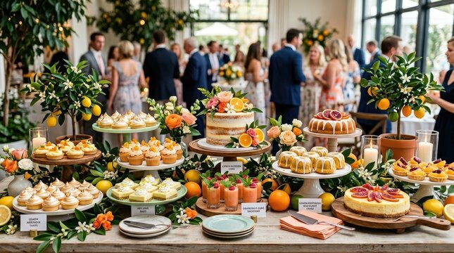 A beautifully arranged dessert table dominates the scene, overflowing with citrus-themed treats. Guests mingle in the background, enjoying a wedding reception.