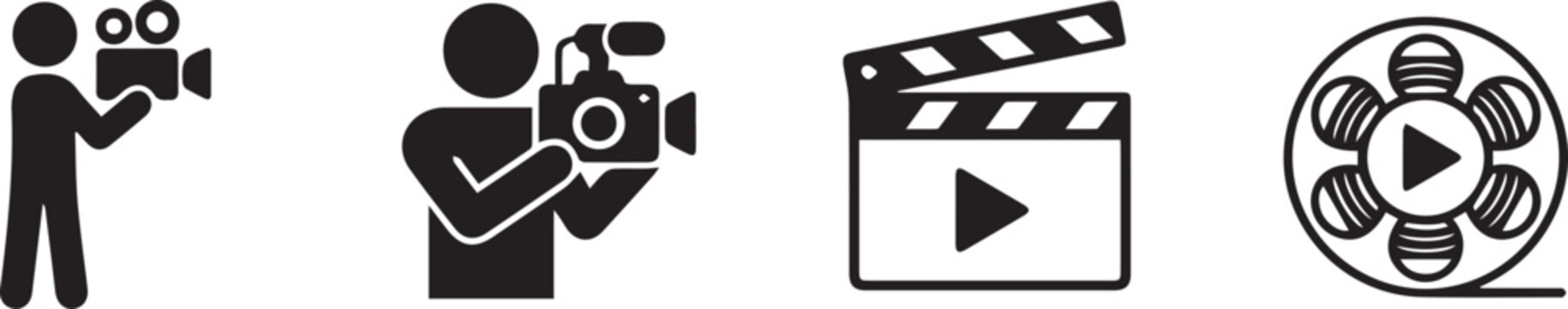 Four simple black icons depicting video recording, filming, playback, and reel spool in clean flat design.
