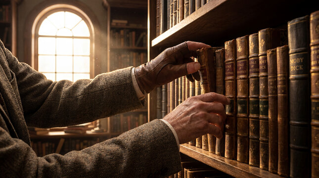vintage books wooden shelf hands arranging library collection leather spines literary culture nostalgia classic knowledge education close-up atmospheric reading wisdom antique organized calm