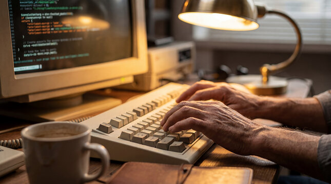 mechanical keyboard vintage typing hands retro keys close-up creative workspace nostalgia writing craft lifestyle authentic typewriter aesthetic technology work freelance author tactile keys