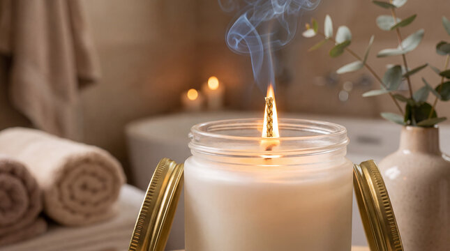 luxury candle burning flickering flame gold wick close-up home decor ambiance cozy warm light relaxation lifestyle elegant wellness self-care interior design atmosphere calming mood