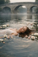 Fototapeta premium Serene woman floating among flowers.