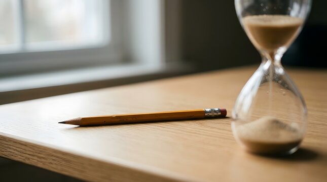 Classic wooden pencil sits next to an hourglass tracking valuable business minutes.