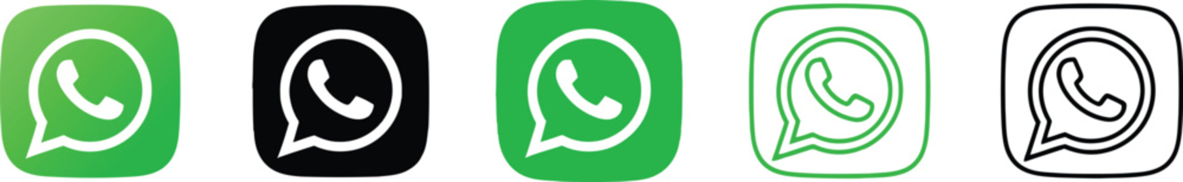 Set of five different whatsapp social media messaging app icons in various styles and colors