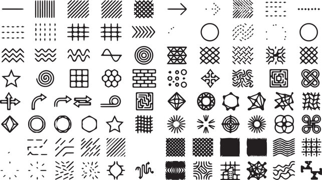 Diverse collection of intricate geometric patterns, line art, and abstract shapes in black and white.