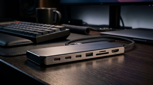 A USB hub on a desk with computer peripherals.