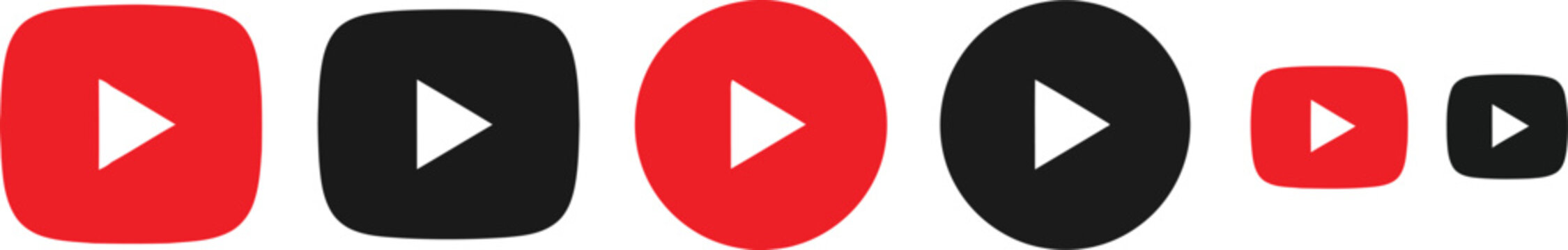 Set of red and black play button icons with triangle shapes in circle and rounded square styles