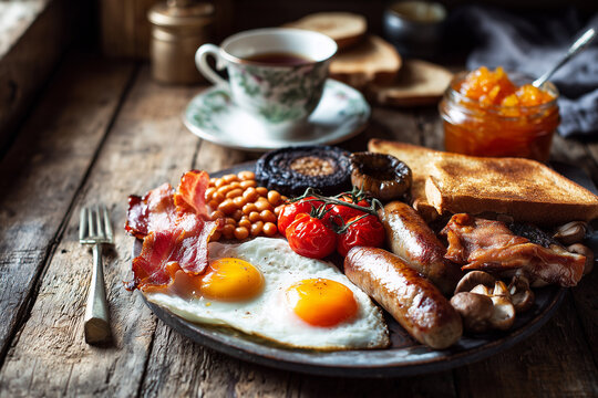 English breakfast. Eggs, sausages and bacon on wooden table, traditional fried breakfast meal served with coffee and vegetables. Hearty morning food plate
